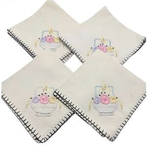 Embroidered Linen Napkins Vintage Easter Basket Embroidery 10 X 10” Set of 4